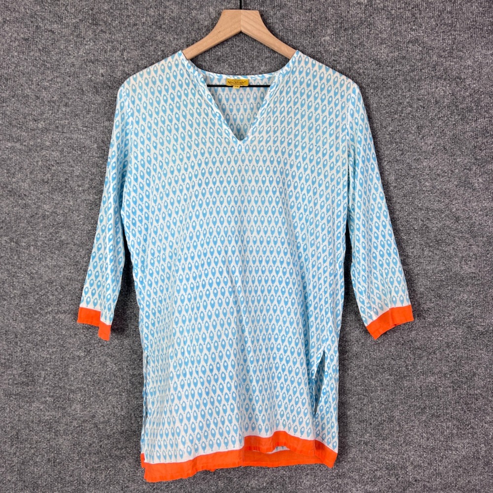 Roberta Roller‎ rabbit Tunic Top 3/4 Sleeve XS Geometric Print Blue Orange Trim